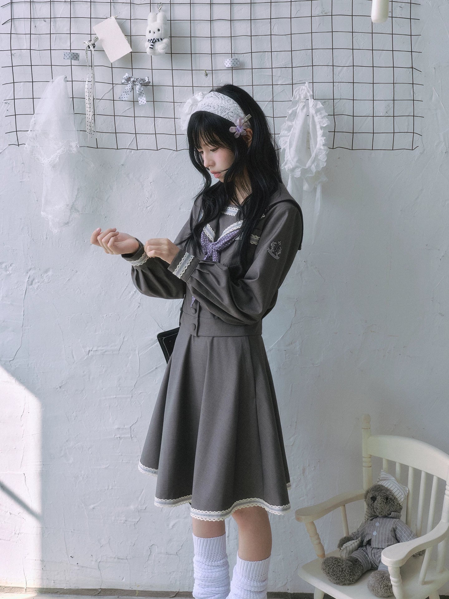 "Showa Girl" Sailor Uniform Collection (Sailor Blouse / A-Line Skirt / Box Pleated Midi Skirt / Polka Dot Scarf)