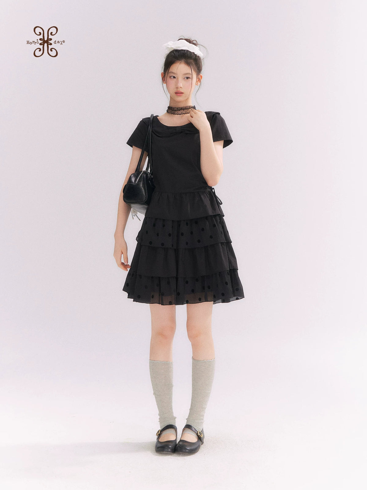 “Midnight Sweetheart” Black Korean-Style Bow Polka Dot Tiered Dress