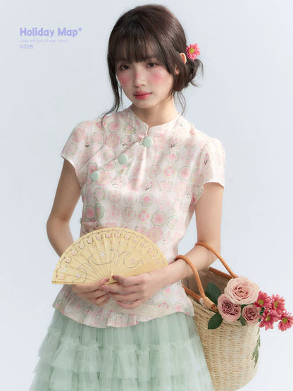 "Lime Mille-Feuille Glow" Peach Mist Chinese-Inspired Short Sleeve Top & Lime Green Tulle Tiered Skirt Set