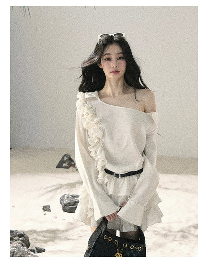 "Petals of Early Summer" Mist White Ruffle One-Shoulder Cake Dress (With Belt) 58648