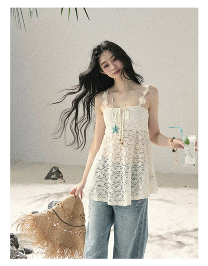 "Morning Mist" Frost White Lace Sheer Cami Top 65123