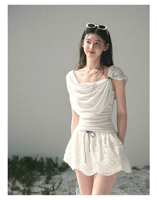 “When the Wind Stole Moonlight” Moonstone Draped Off-Shoulder Top