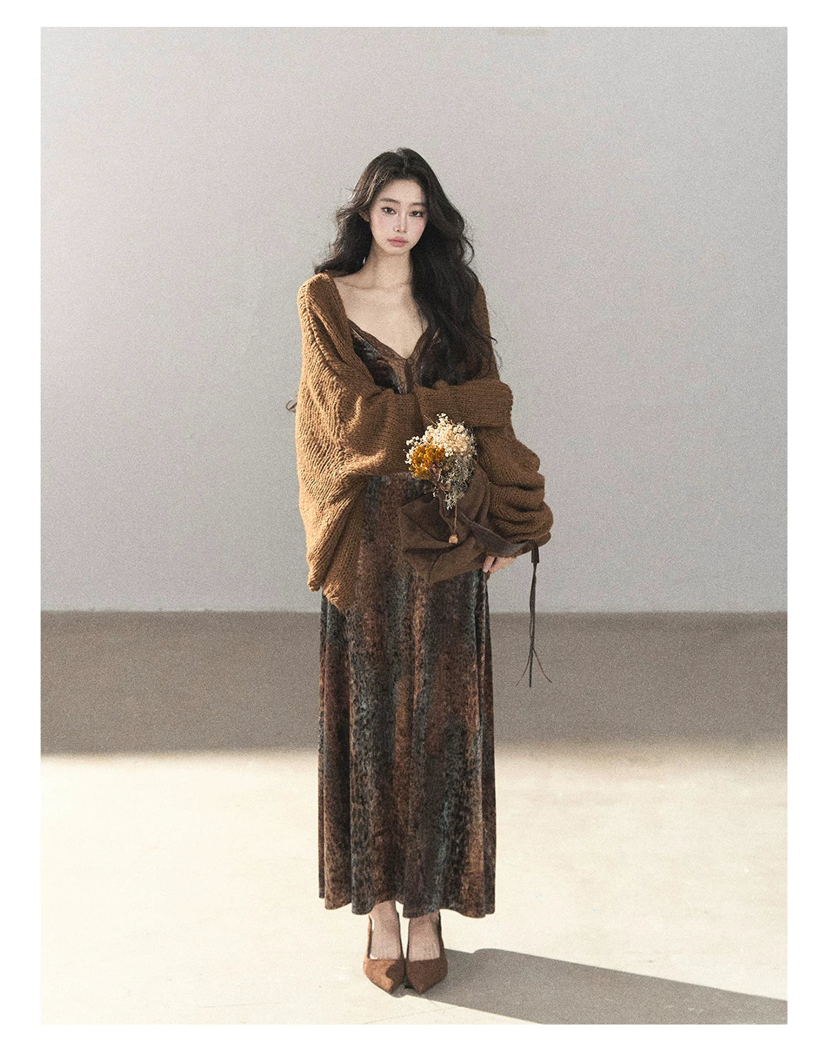 AOMALM - "Draped in Wild Wind" Cocoa Brown Leopard Flocked Bias-Cut Mermaid Maxi Dress (With Matching Hair Tie)