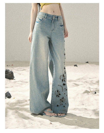 "Scent of Sea Salt" Vintage Blue Embroidered Wide-Leg Jeans 536843