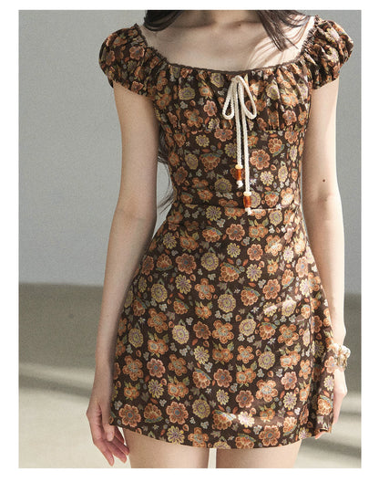 "Wildflowers & Freedom" Mocha Mousse Floral Puff Sleeve Mini Dress