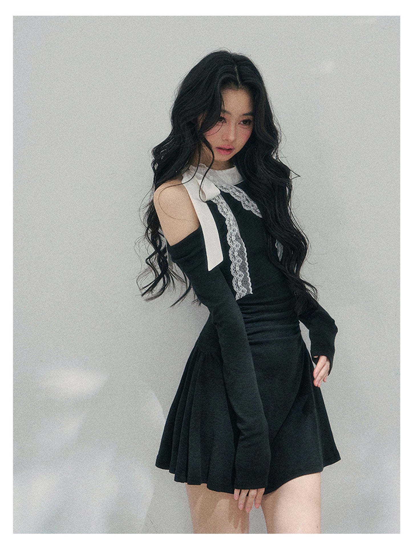 少也眼 “Lingering Warmth Entwined” Layered French Lace One-Shoulder Mini Dress - Serene Black 5435553