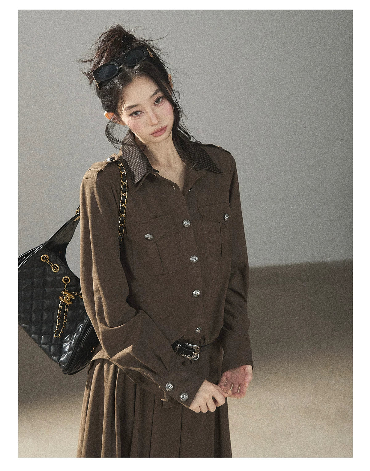 AOMALM - Terracotta Brown Shirt & Pleated Mini Skirt Set (With Belt)