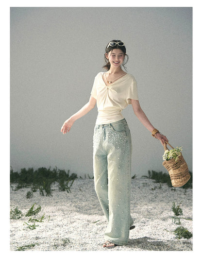 “White Between Breaths” Ivory Twist V-Neck Top