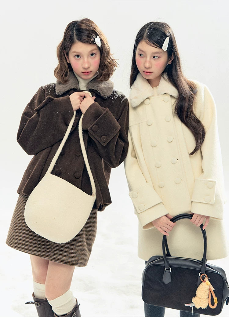 "Berlin Snowfall" Double-Breasted Quilted Wool-Blend Peacoat (Ivory/ Chocolate Brown)