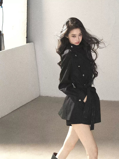 AOMALM - Black Faux-Suede Cropped A-Line Trench Coat with Belt