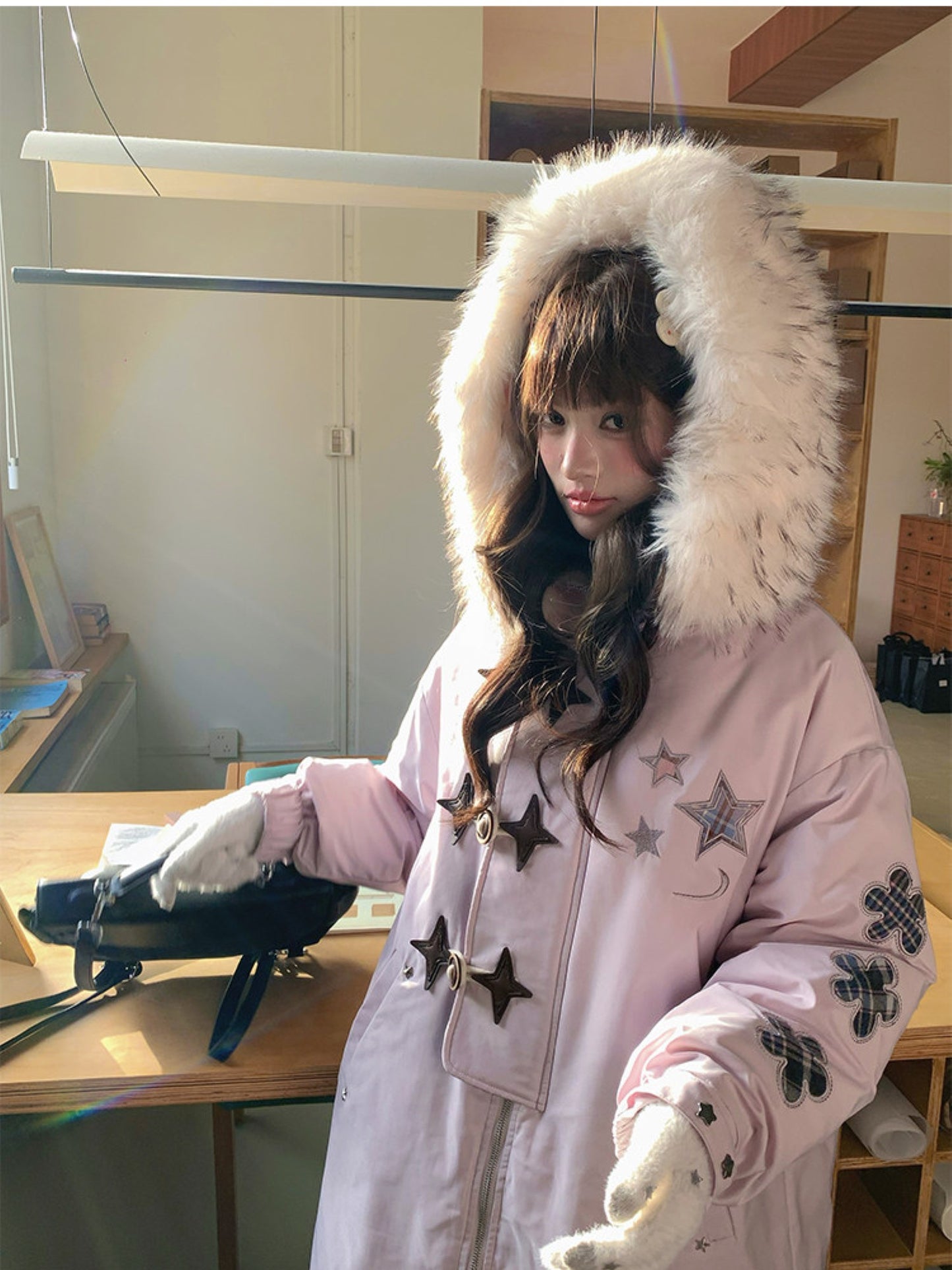 阮阮自制 - Starlight Dream Lilac Star-Trim Duck Down Coat