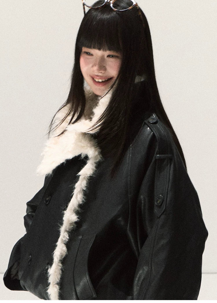 OAKMOO/ Cropped Faux Leather Shearling-Collar Jacket (Rich Black / Hazelnut Khaki)