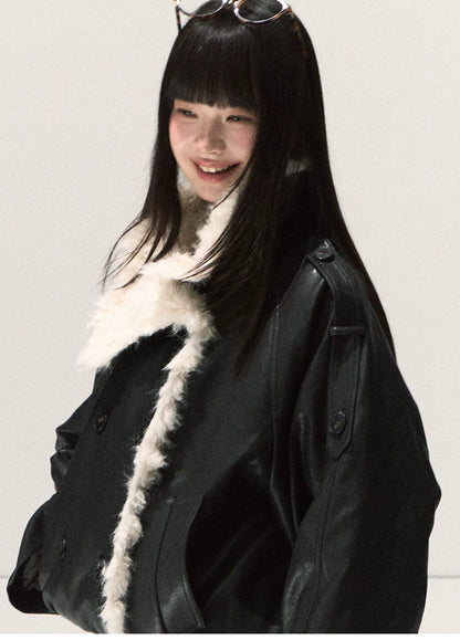 OAKMOO/ Cropped Faux Leather Shearling-Collar Jacket (Rich Black / Hazelnut Khaki)