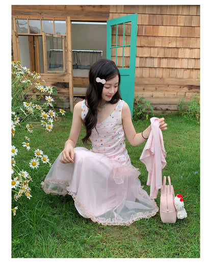[RF] “Peach Blossom Layers” Peach Pink Striped Floral Print Short-Sleeve T-Shirt