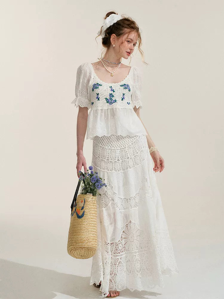 White Floral Embroidery Crochet-Detail Blouse