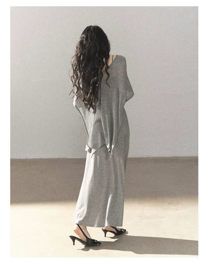AOMALM - French-Inspired Two-Piece Maxi Dress Set with Layered Cape Overlay