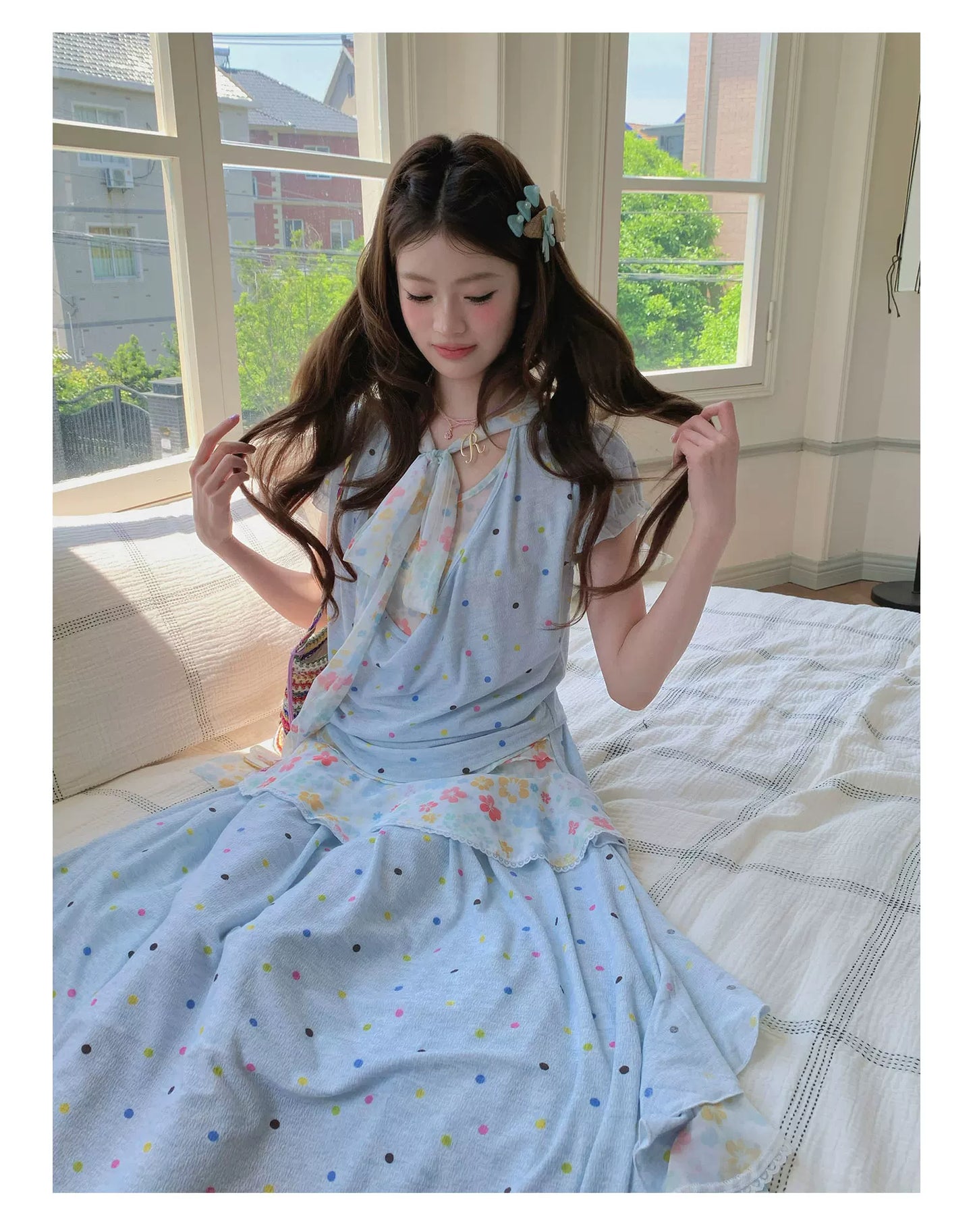 “Sea Salt Blossom Letter” Baby Blue Layered Skirt Set