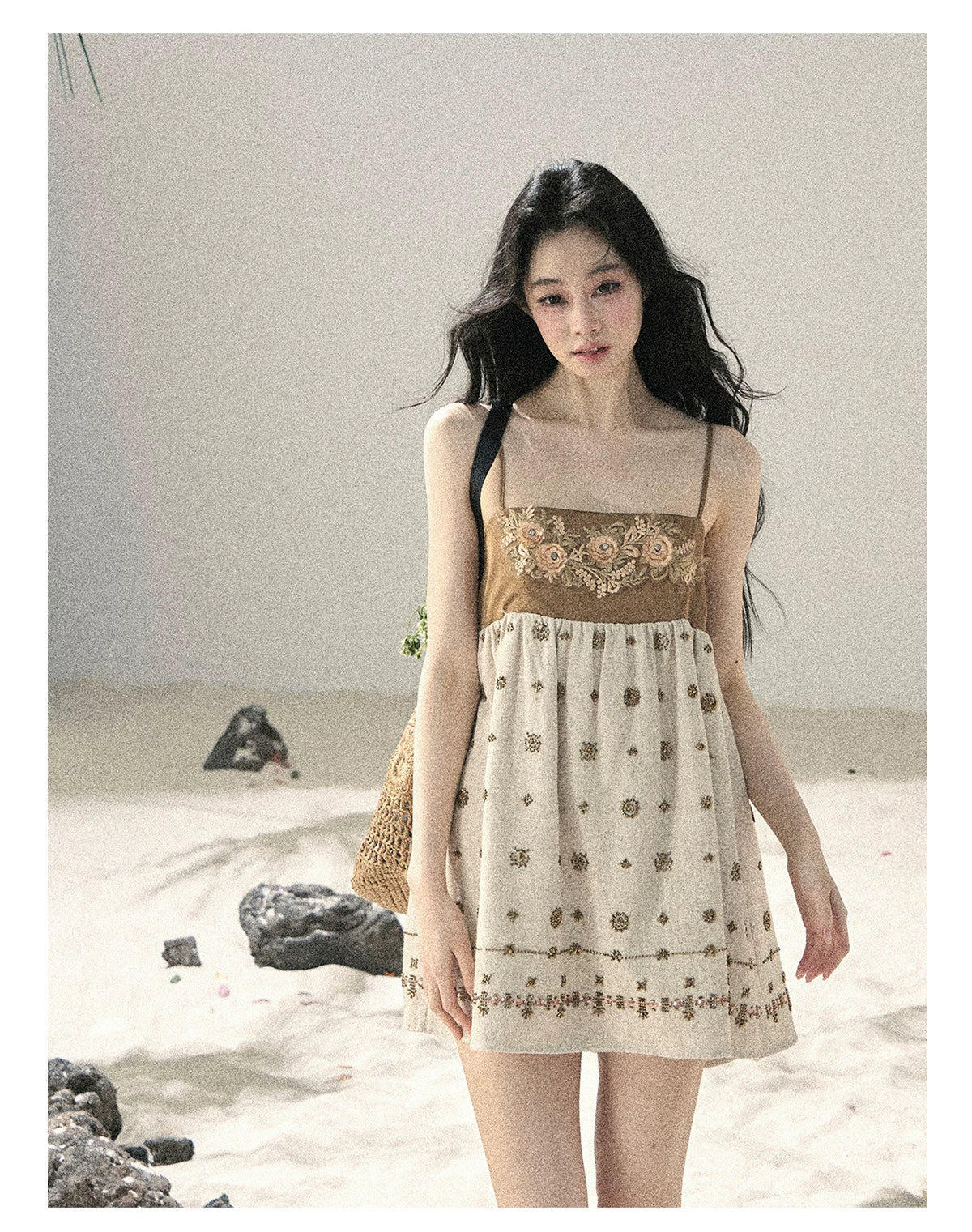 "Whispers Through the Wheat Fields" Oat Beige Floral Cami Babydoll Mini Dress