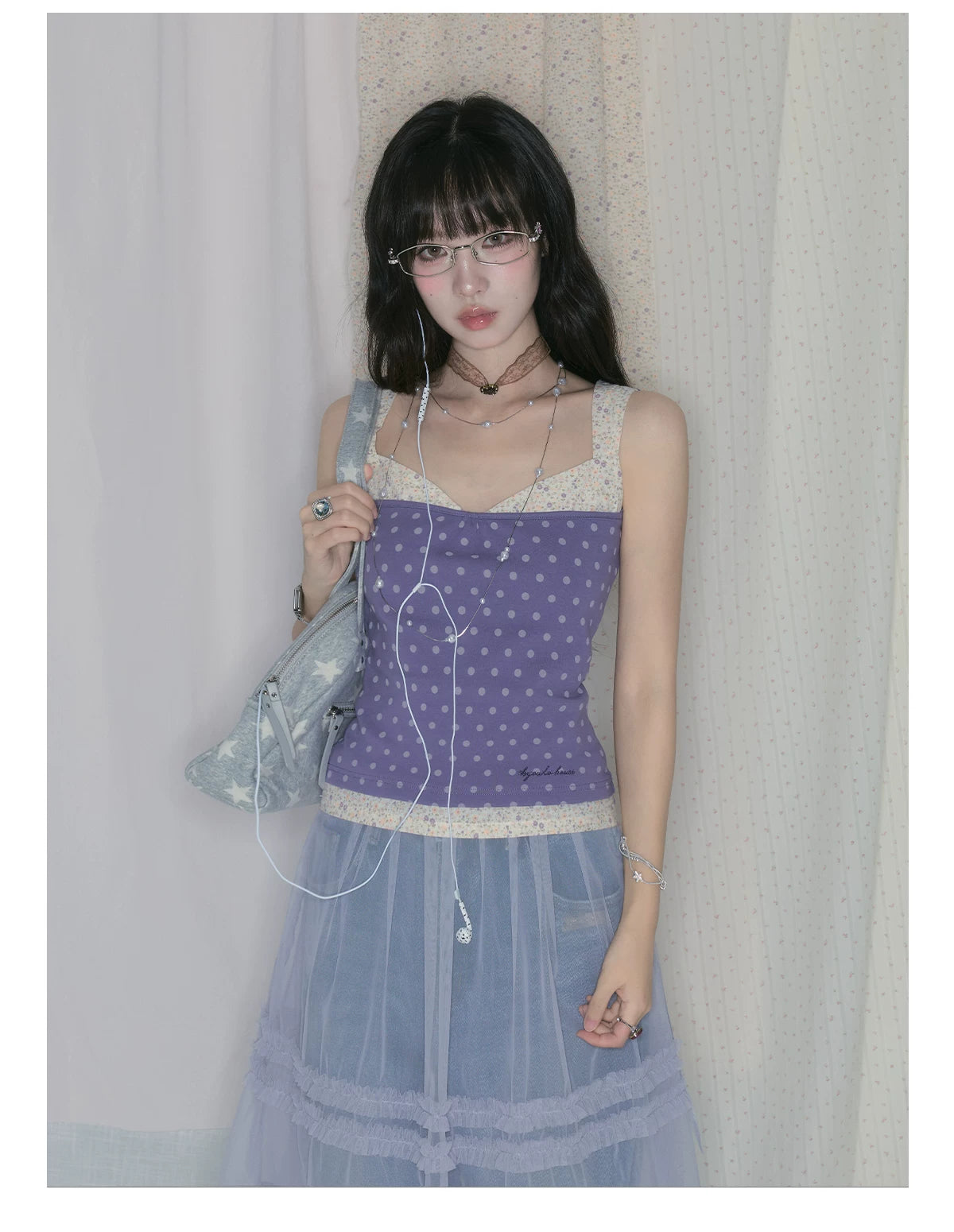 "Lavender Daydream" Layered Collection (Cami Top / Tie Cardigan / Pleated Midi Skirt / Mesh Overlay Skirt / Vintage Jeans)