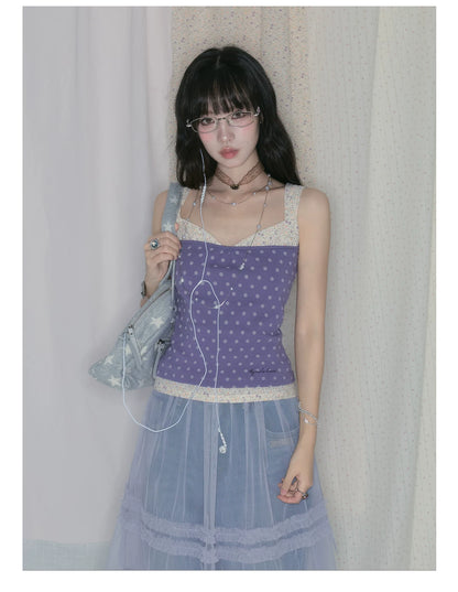 "Lavender Daydream" Layered Collection (Cami Top / Tie Cardigan / Pleated Midi Skirt / Mesh Overlay Skirt / Vintage Jeans)