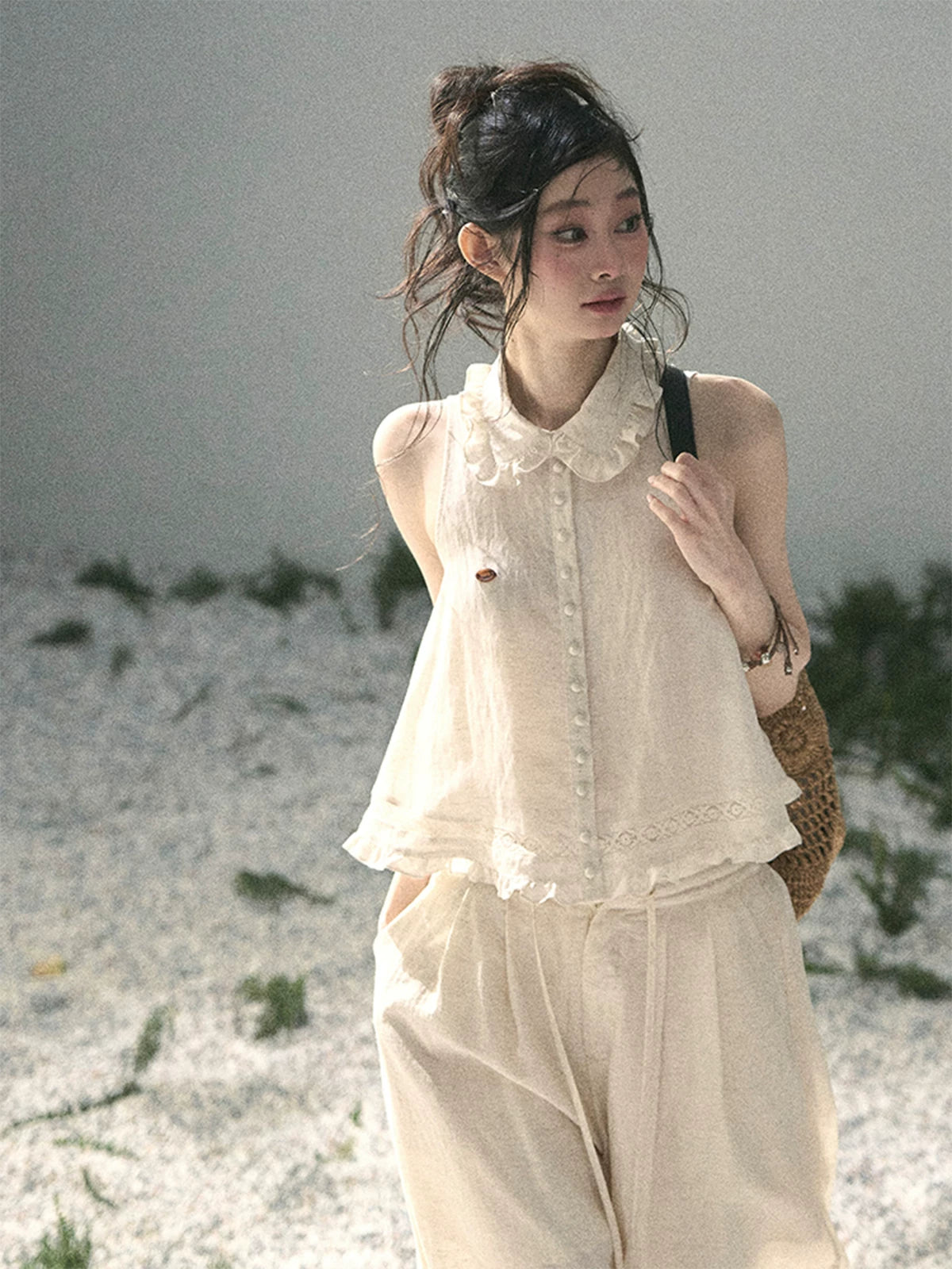 "Soft Cloud Reverie" Dutch Cream Lace Top & Bubble Skirt & Wide-Leg Pants Set 5468465