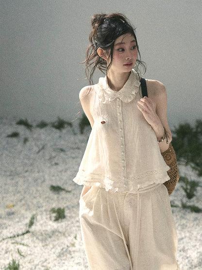 "Soft Cloud Reverie" Dutch Cream Lace Top & Bubble Skirt & Wide-Leg Pants Set 5468465