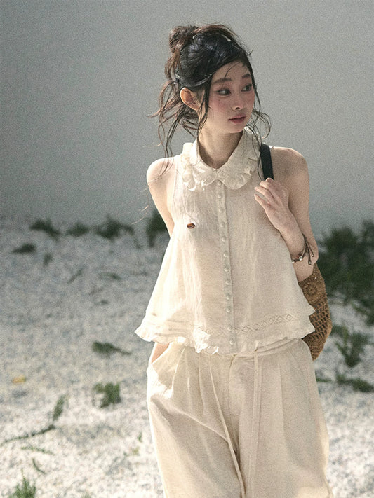 "Soft Cloud Reverie" Dutch Cream Lace Top & Bubble Skirt & Wide-Leg Pants Set 5468465