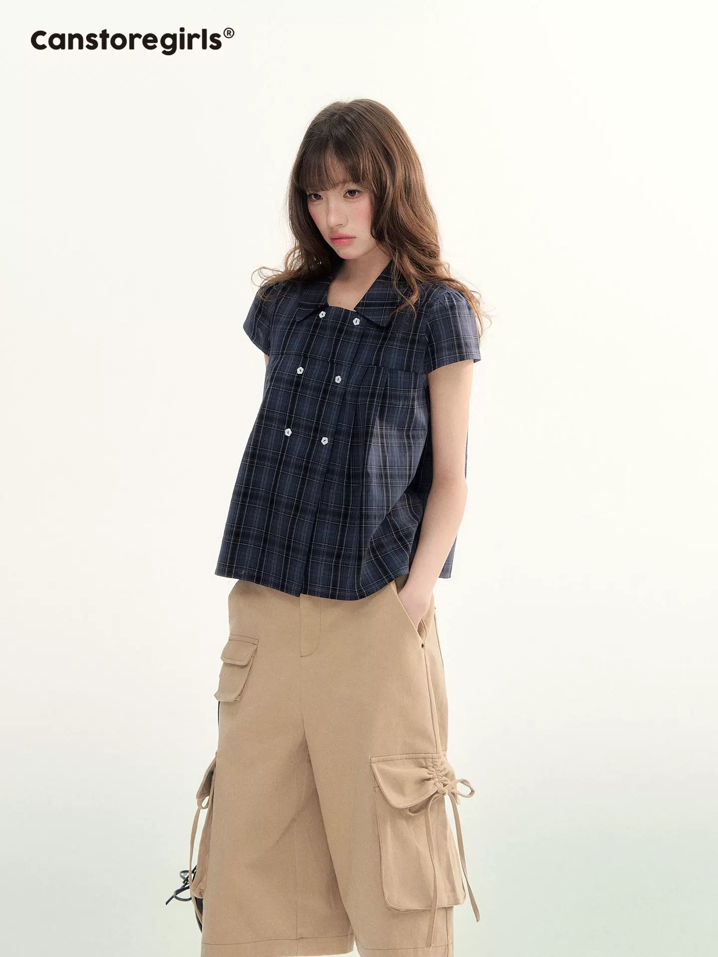 Preppy Plaid Double-Breasted Puff Sleeve Shirt LL2026007
