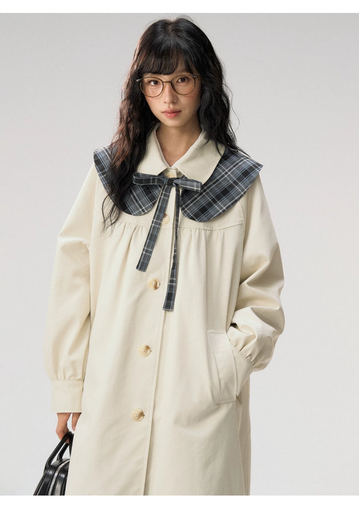 [CAN] “Oat Check Collar” Apricot Bow Cape Collar Trench Coat