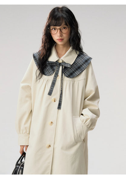 [CAN] “Oat Check Collar” Apricot Bow Cape Collar Trench Coat