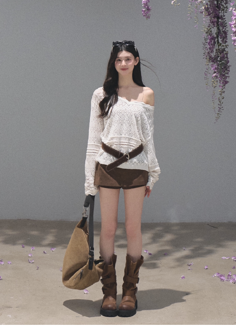 OAKMOO/ Distressed Slouchy Mid-Calf Combat Boots with Layered Straps
