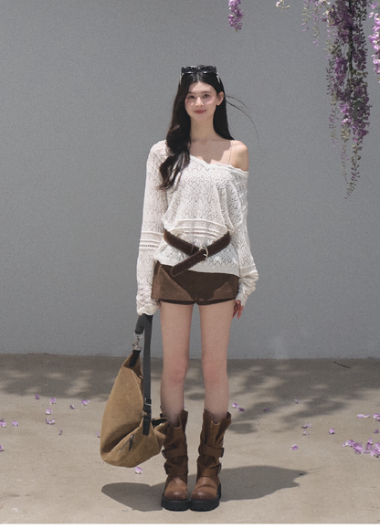 OAKMOO/ Distressed Slouchy Mid-Calf Combat Boots with Layered Straps
