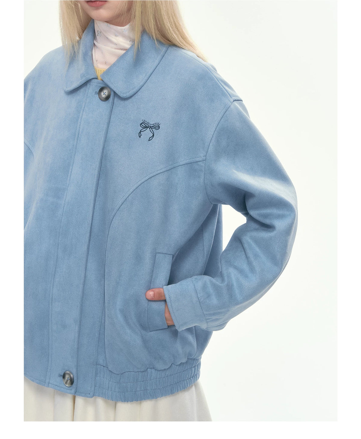 [CAN] Dusty Blue Suede Bow Embroidery Jacket