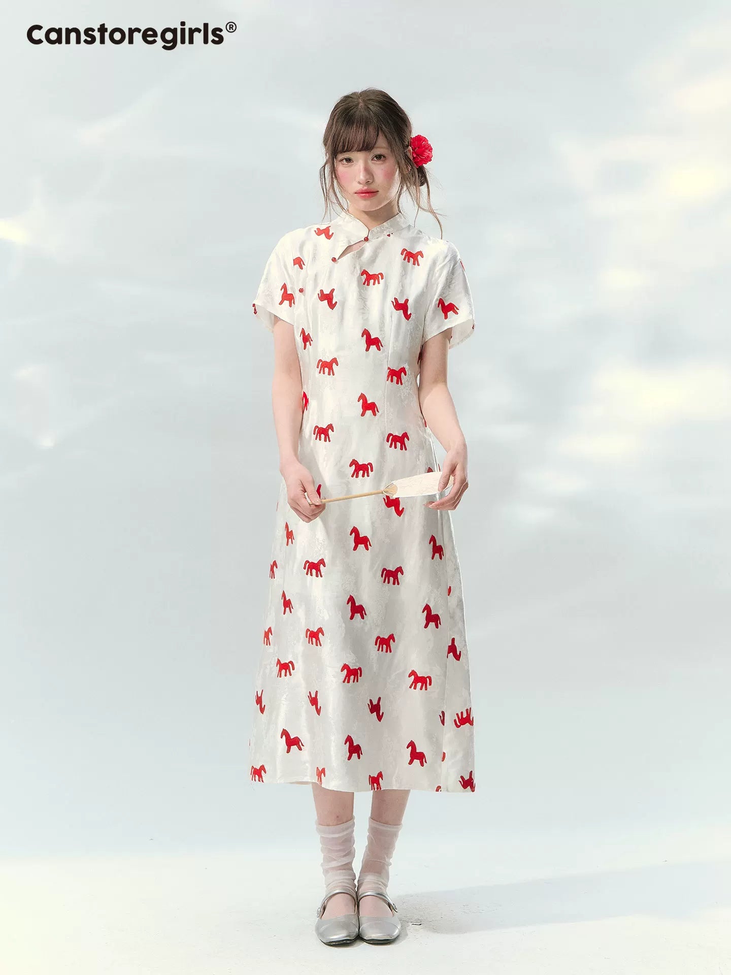 “Crimson Steed Reverie” Red Embroidered Cheongsam Dress LL2026165