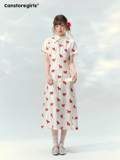 “Crimson Steed Reverie” Red Embroidered Cheongsam Dress LL2026165