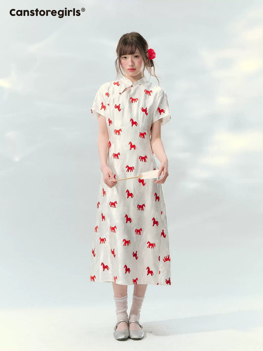 “Crimson Steed Reverie” Red Embroidered Cheongsam Dress LL2026165