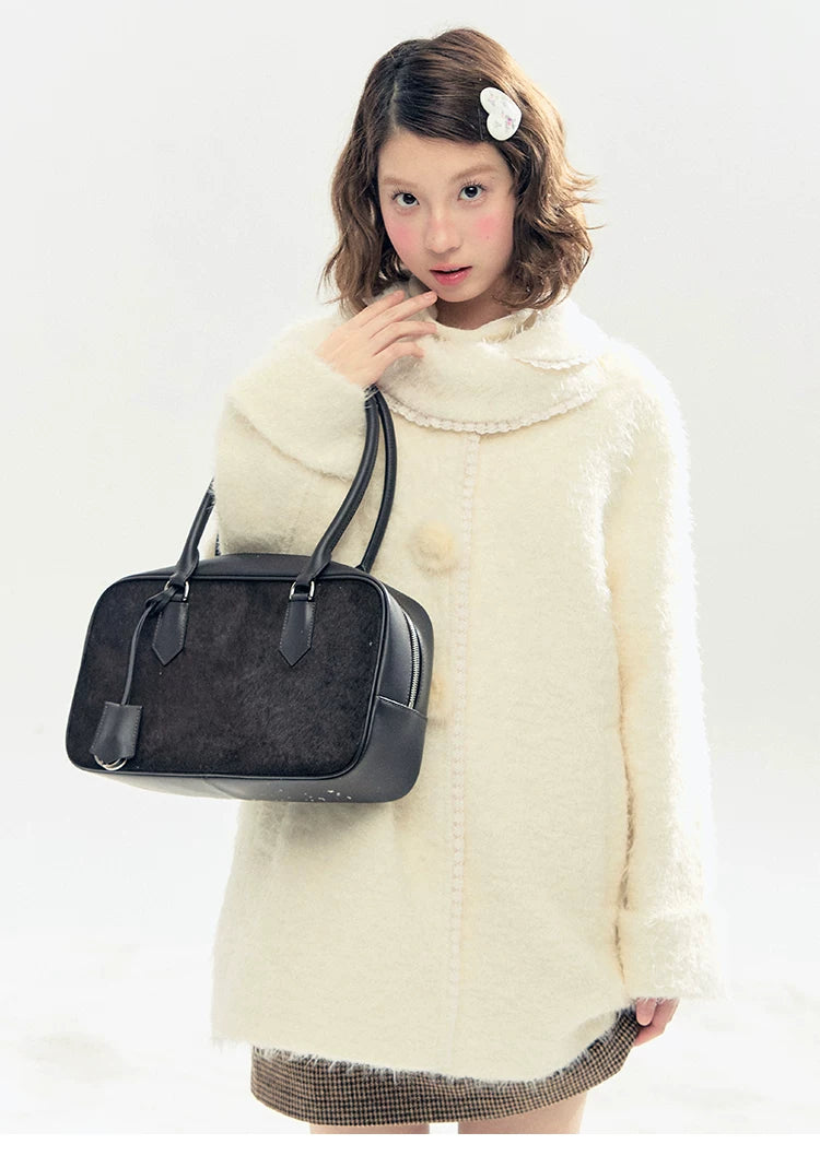 "Snow-Kissed Sakura" Ivory Wool-Blend Quilted Mid-Length Coat with Detachable Plush Flowers