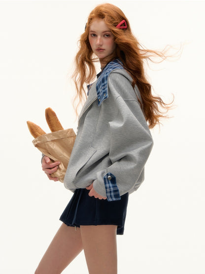 ASGONY - Plaid-Lined Oversized Hoodie Jacket (Gray)