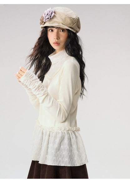 [CAN] “Cream Cloud” Ivory Lace Ruffle High-Neck Top