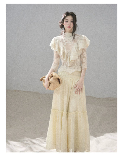 "Whispering Wheat Fields" Sage Mist Lace Maxi Skirt