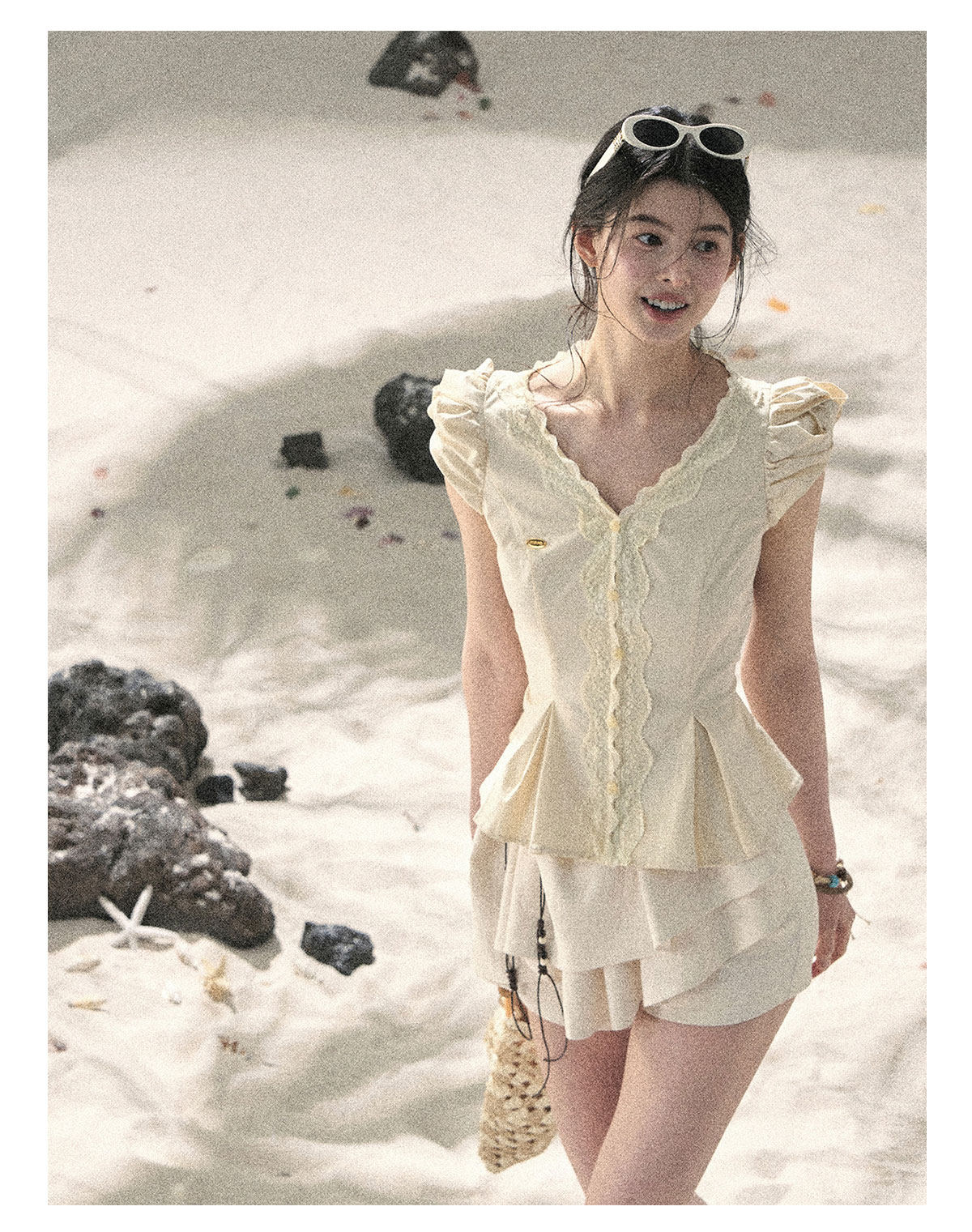 “Untouched Ivory” Milkshake Yellow Lace Puff Sleeve Blouse