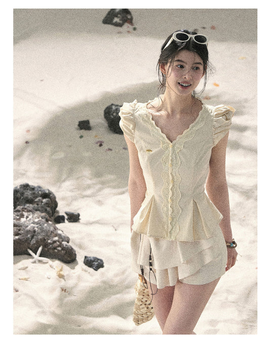 “Untouched Ivory” Milkshake Yellow Lace Puff Sleeve Blouse