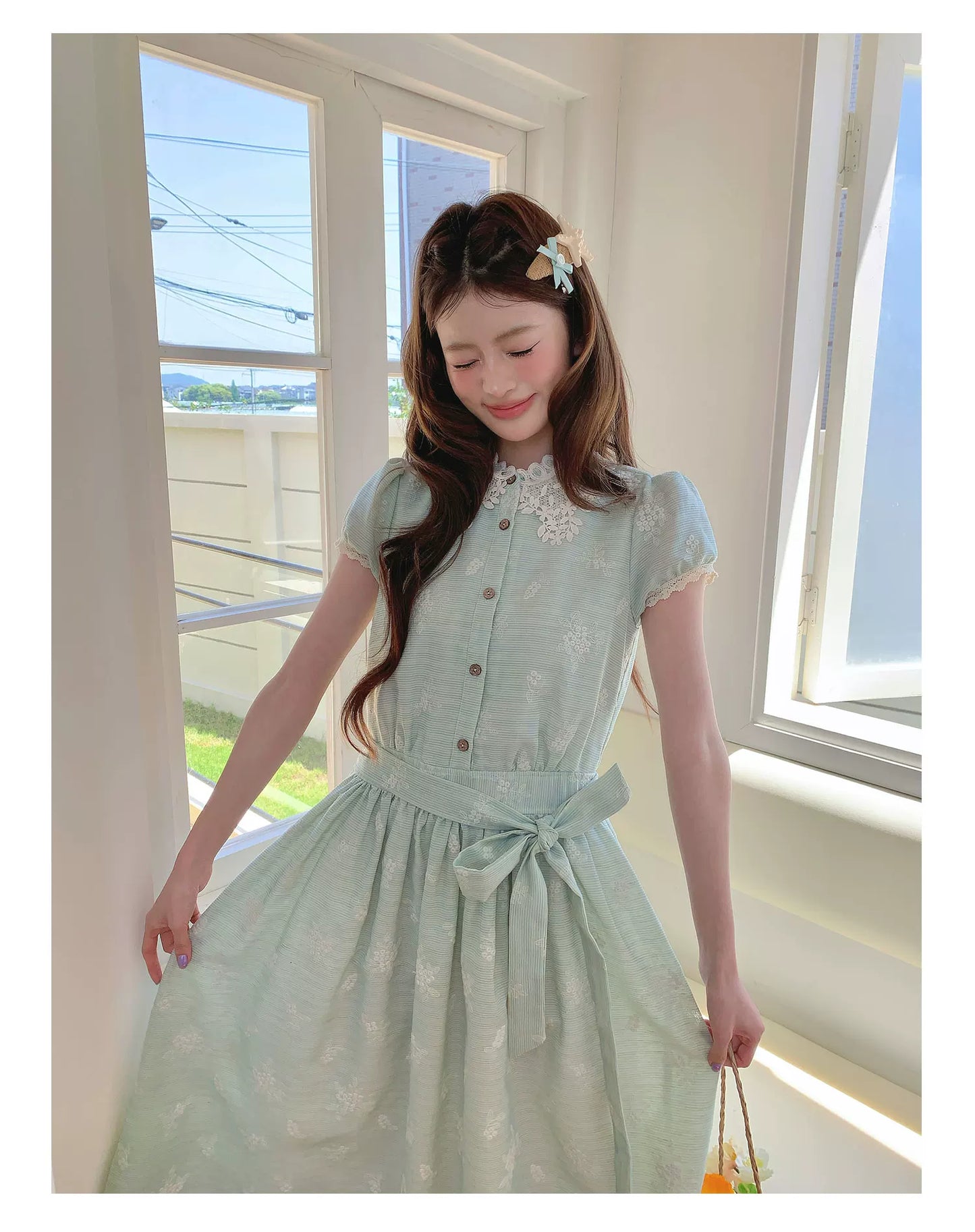 “Sage Meadow Reverie” Sage Green Embroidered Shirt Dress