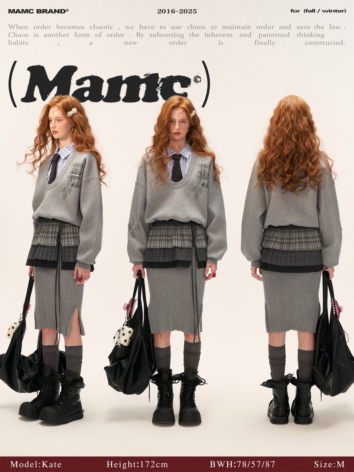 MAMC - Plaid Patchwork Knit Dress with Pleated Layered Apron Skirt WE812