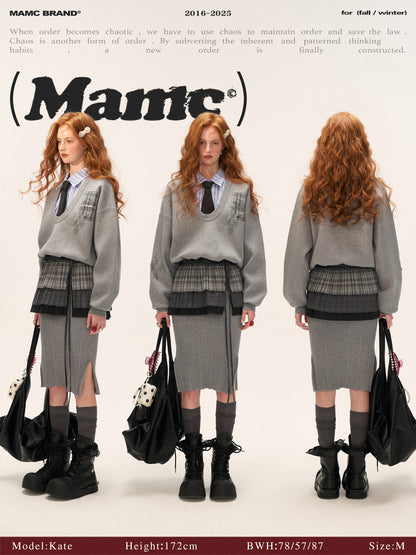 MAMC - Plaid Patchwork Knit Dress with Pleated Layered Apron Skirt WE812