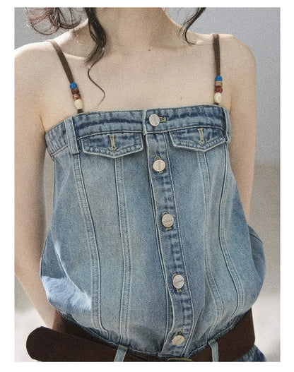 "A Walk by the Sea" Collegiate Blue Denim Utility Romper (With Belt)