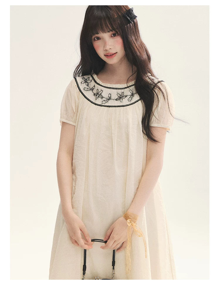 "Midnight Princess" Yellow Flower Rope Embroidered Babydoll Midi Dress