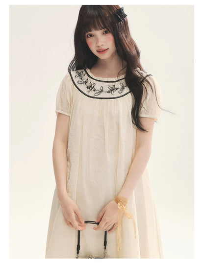 "Midnight Princess" Yellow Flower Rope Embroidered Babydoll Midi Dress