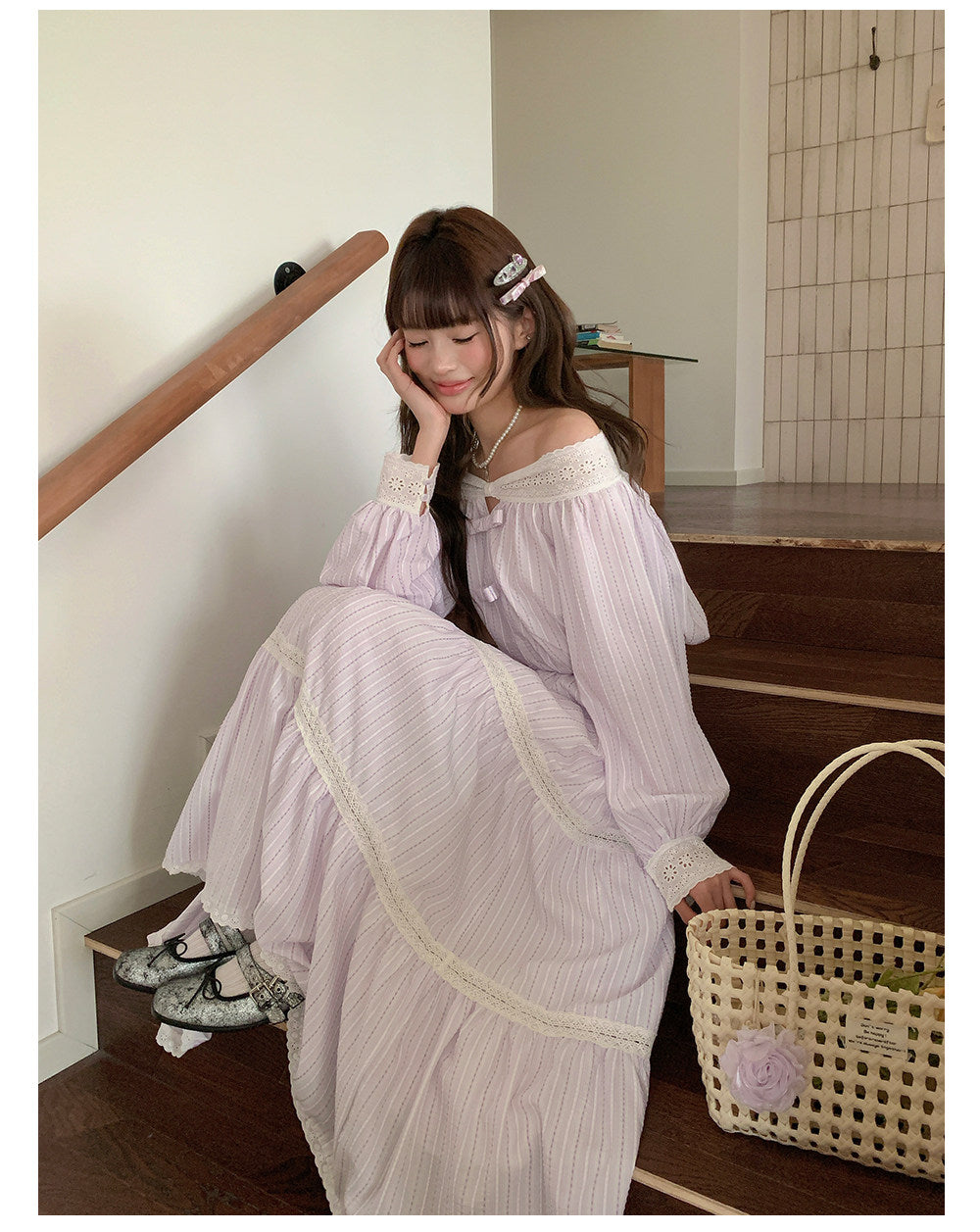 “Misty Blossom Reverie” Light Purple Off-Shoulder Top & Lace Trim Skirt