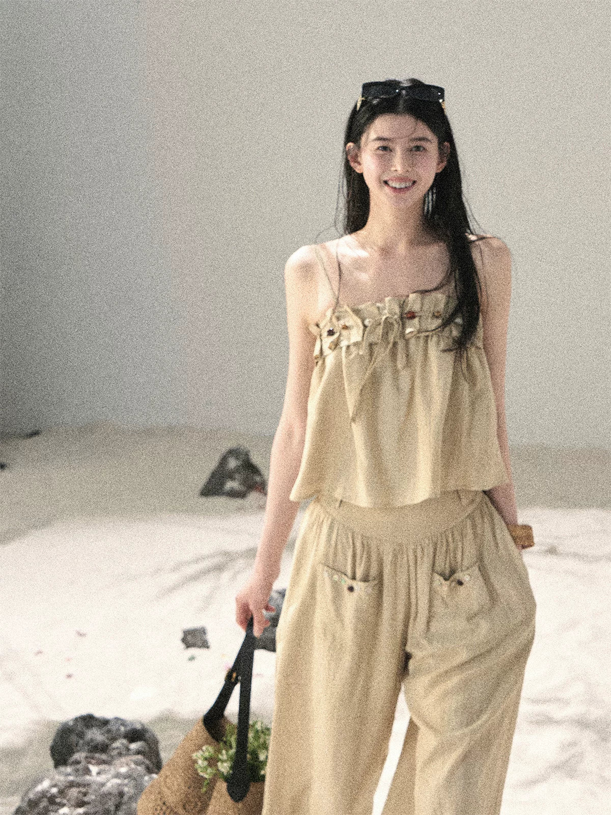 "Traces of the Wind" Sand Beige Cami & Wide-Leg Pants Set